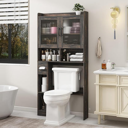 Over-The-Toilet Storage Cabinet, Farmhouse Style with 2 Acrylic Waves Doors, Space-Saving Home Storage Rack for Restroom, Bathroom and Laundry Room