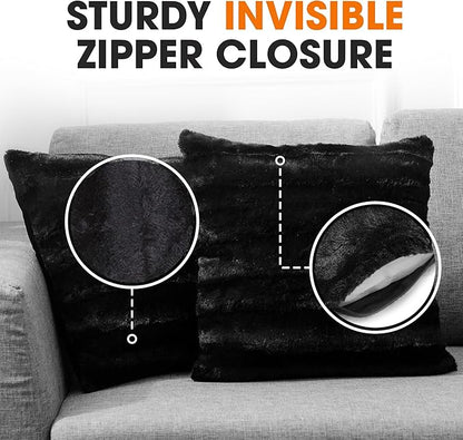 Cheer Collection Faux Fur Throw Pillows - Decorative Pillows for Couch, Bed Throw Pillows, Black Accent Pillows for Bedroom or Living Room Aesthetic, Set of 2 Furry Throw Pillows, 22" x 22"