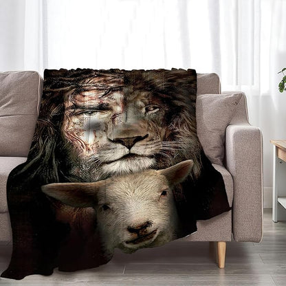 Christian Jesus Lion and Lamb Throw Blanket - Religious Gifts and Decor for Men Women Adults - Soft Warm Cozy Fleece for Couch Sofa Bed 80"x60"