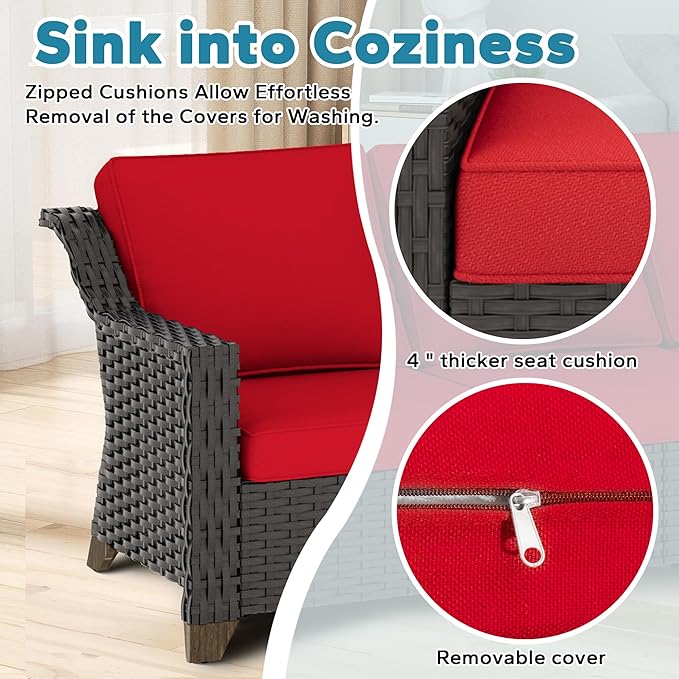 5 Pieces Outdoor Conversation Furniture Set - 77" Patio Sofa, 2 Swivel Rocker Chairs, 1 Side Table, 1 Metal Coffee Table, Patio Wicker Couch Set with Washable Cushions for Porch (Red)