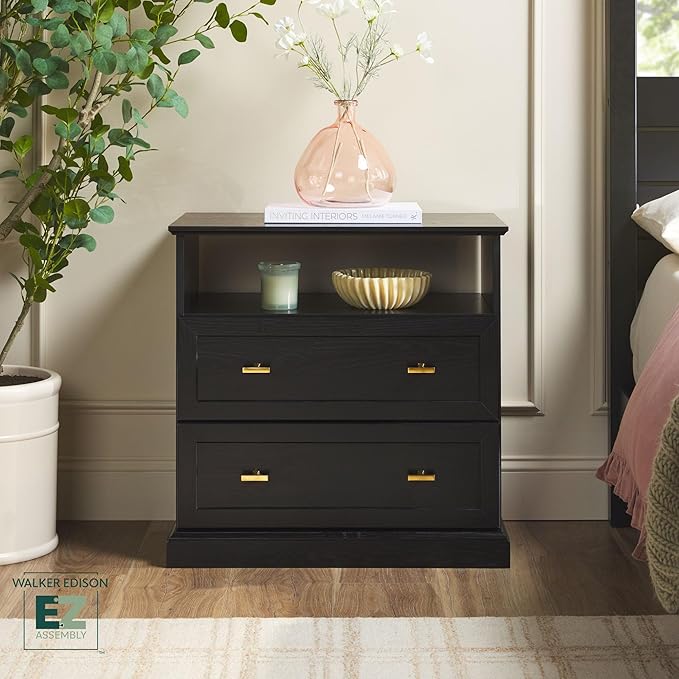 Walker Edison Clyde EZ Assembly Rustic 2-Drawer Open-Cubby Nighstands End Side Tables Living Room Bedroom Storage, Black
