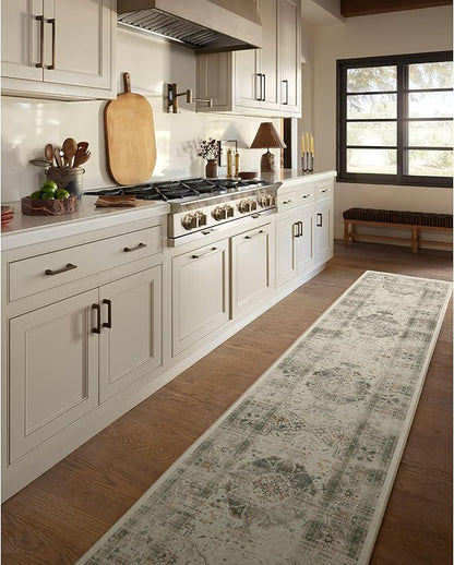 RUGGABLE Washable Vintage Runner Rug – Sarrah Sage 2.5x12, Stain-Resistant, Non-Slip Hallway Runner – Machine Washable Rug for Hallway, Entryway, Living Room & Kitchen – with Standard Pad