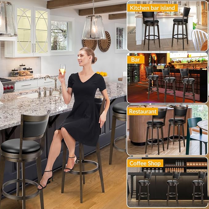 PrimeZone Swivel Bar Stools Set of 6, 24 Inch Counter Height Barstools, Black Faux Leather Bar Stool with High Backrest & Solid Wood Legs & Wrap-around Footrest, Counter Stools for Kitchen Island, Pub