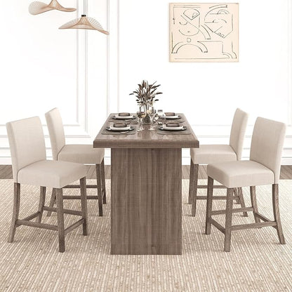 COSTWAY Counter Height Bar Stools Set of 4, 24.5’’ Upholstered Mid Century Modern Island Chairs with Rubber Wood Legs, Wooden Barstools for Kitchen, Dining Room, Bar, Restaurant (Beige)