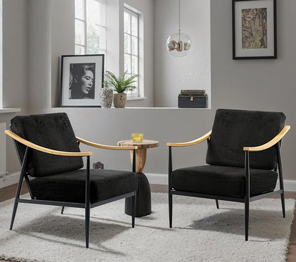 Modern Accent Chairs Set of 2 for Living Room Bedroom Mid Century Arm Chairs Upholstered Office Accent Chairs Comfy Waiting Room Chairs with Metal Frame, Black