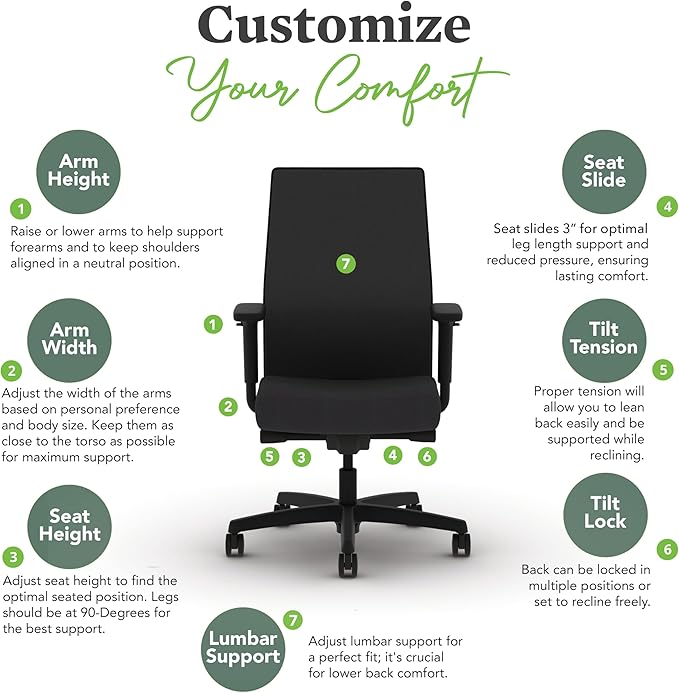 HON Ignition 2.0 Mid Back Task Chair, Spectrum Mesh, Advanced Synchro-Tilt Control, Office Chair with Lumbar Support, Height and Width Adjustable Arms, Black Frame, Leaf