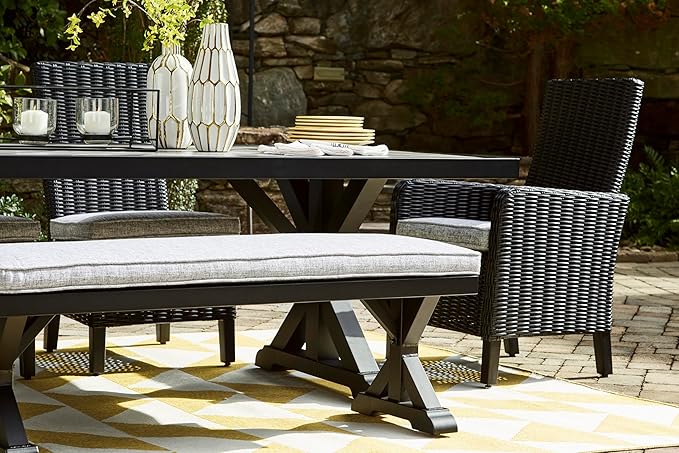 Signature Design by Ashley Beachcroft Casual Nuvella Weather Resistant Fabric Outdoor Bench with Cushion, Light Gray & Black