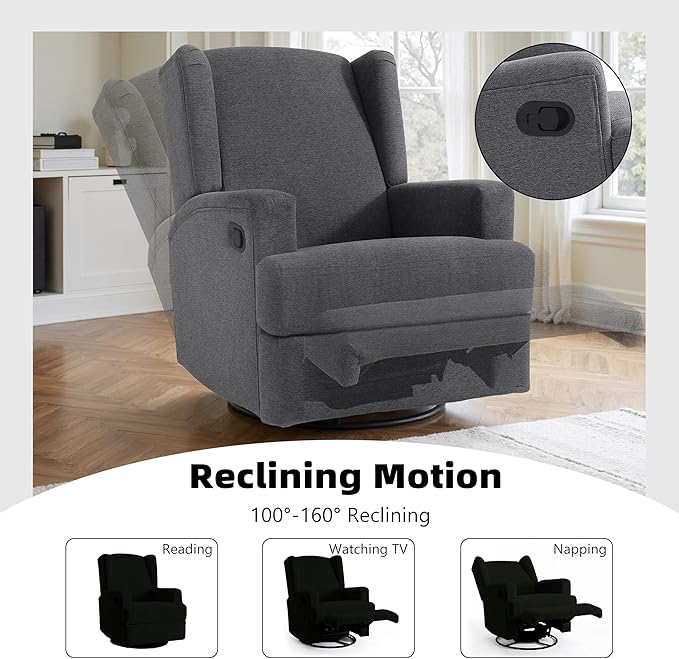 Swivel Glider Recliner Chairs Set of 2 for Adults - High Back Rocker Recliners with Deep Seat, Comfortable & Quiet Upholstered Fabric Armchairs for Living Room or Nursery, Manual Reclining-Gray