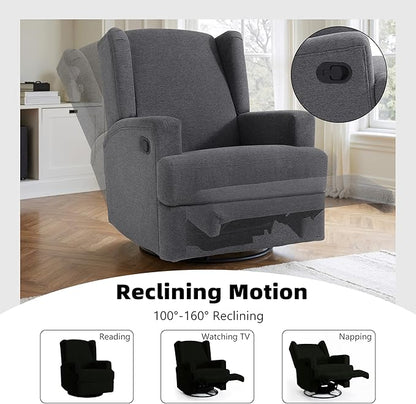 Swivel Glider Recliner Chairs Set of 2 for Adults - High Back Rocker Recliners with Deep Seat, Comfortable & Quiet Upholstered Fabric Armchairs for Living Room or Nursery, Manual Reclining-Gray