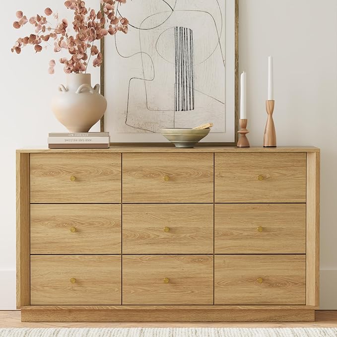 9 Drawer Dresser, Mid Century Modern Dresser with Storage, 55" Wide Chest of Drawers with Wood Grain Texture, Dressers TV Stand for Bedroom, Living Room, Hallway, Gold Oak