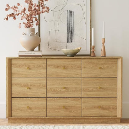 9 Drawer Dresser, Mid Century Modern Dresser with Storage, 55" Wide Chest of Drawers with Wood Grain Texture, Dressers TV Stand for Bedroom, Living Room, Hallway, Gold Oak