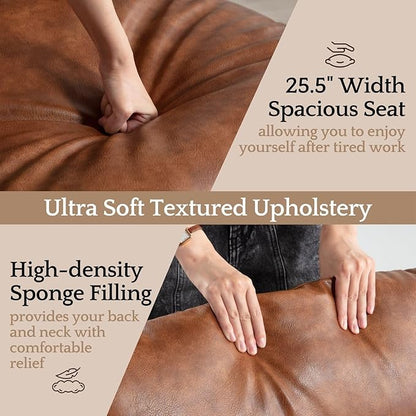 LukeAlon Modern PU Leather Accent Armchair, Upholstered Lounge Chair with Brass Metal Frame Thickened Cushion Comfy Leisure Chair with Lychee Grain for Bedroom Living Room, Brown