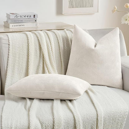 FUTEI Cream Chenille Decorative Throw Pillow Covers 18x18 Inch Set of 2,Soft Cozy Striped Geometric Patterns Cushion Cases,Modern Home Decor for Couch Bed Living Room