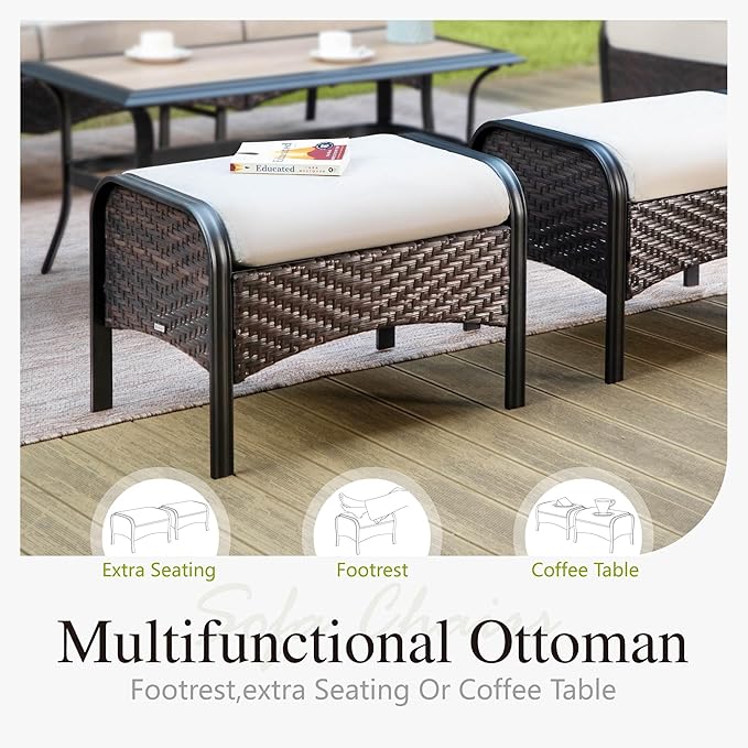 Sophia & William Patio Furniture Set with Fire Pit Table, 6 PCS Metal Outdoor Conversation Set with Fire Pit Table, 2 Sofa Chairs,2 Ottoman, 3-Seater Couch for Outdoor Seating, Backyard, Porch(Beige)