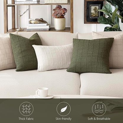 Foindtower Set of 2 Decorative Linen Check Throw Pillow Covers Neutral Farmhouse Vintage Cushion Covers Modern Boho Home Decor for Sofa Chair Couch Bedroom Living Room,24×24 Inch,Olive Green