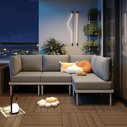 Sundale Outdoor 5 Pieces Patio Furniture Set with Fire Pit Table, Metal Outdoor Sectional Sofa with 6 Inch Olefin Cushion, All-Weather Modern Outdoor Conversation Sets (4 Seats,White Frame)