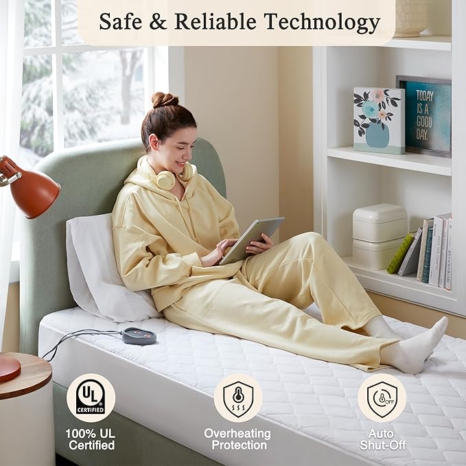 Beautyrest Cotton Blend Heated Mattress Pad Secure Comfort Technology - Luxury Quilted Electric Mattress Pad with Deep Pocket - 5-Setting Heat Controllers, Full, White