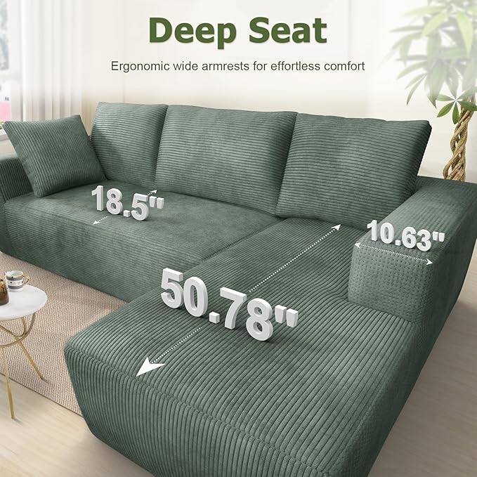 108” Cloud Sectional Couch, Modular Sectional Sofa with Deep Seat, Corduroy Boneless Couches with Chaise for Living Room Bedroom, No Assembly Required