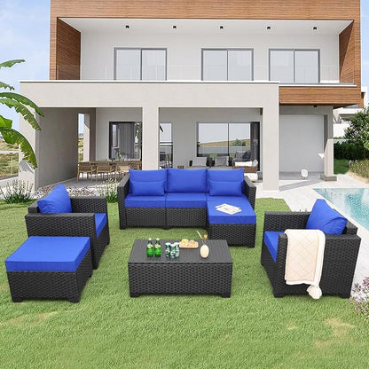 Rattaner 6 Pieces Patio Wicker Furniture Set Outdoor PE Rattan Conversation Couch Sectional Chair Sofa Set with Royal Blue Cushions