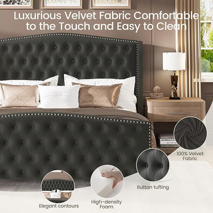 LARMACE King Size Bed Frame Velvet Upholstered Platform Bed with Wingback Headboard & Footbaord, Deep Button Tufted Bed Frame with Wood Slats Support, No Box Spring Needed, Grey