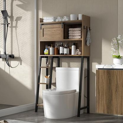 MU Over The Toilet Storage Cabinet with Sliding Door, 32.5" W Free Standing Toilet Shelf Space Saver with 3 Side Hooks & Anti-Tip Design, Space-Saving Toilet Rack for Bathroom, Laundry, Brown