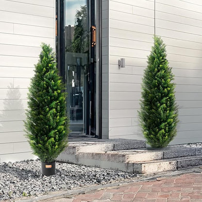 VEVOR Artificial Topiary Cedar Tree, 48 inch Tall (2 Pieces), with Extra Leaves & Pot Faux Evergreen Fake Pine Cypress Trees Plant, UV Rated Artificial Greenery Set for Home Decor Indoor/Outdoor