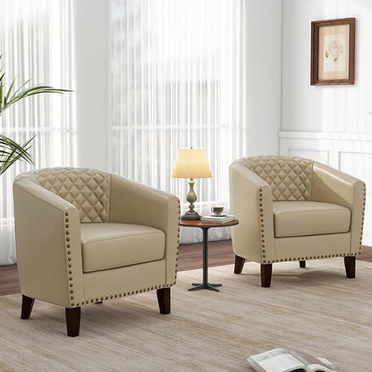 Pia Ricco Faux Leather Barrel Accent Chairs Set of 4, Modern Club Arm Chair Comfy Upholstered Single Sofa Chair with Solid Wood Legs and Nailhead Trim for Living Room/Reading Room, Beige