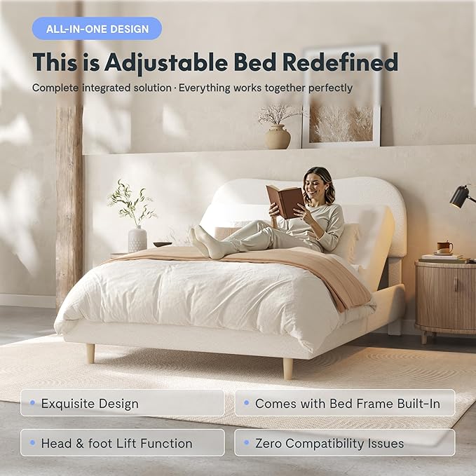 FLEXISPOT Queen All-in-One Adjustable Bed with 10" Cooling Gel Memory Foam Mattress, Boucle Bed Frame, Head & Foot Incline, Adjustable Headboard, Thick Padding, 10-Year Warranty, White
