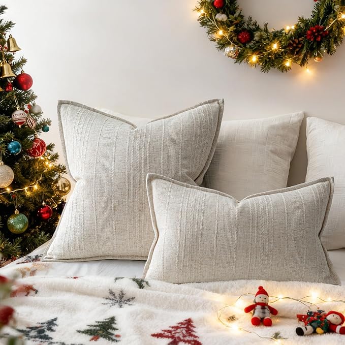 a moment Linen Pillow Covers Set of 2,Boho Farmhouse Throw Pillowcases Neutral Textured Decorative Covers for Couch Sofa, Soft Linen Blend Accent Case Cushion Christmas Home Decor 22"x22"Ivory