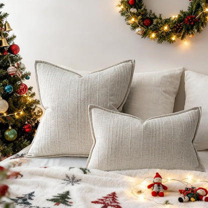 a moment Linen Pillow Covers Set of 2,Boho Farmhouse Throw Pillowcases Neutral Textured Decorative Covers for Couch Sofa,Soft Linen Blend Accent Case Cushion Christmas Home Decor 24"x24"Ivory