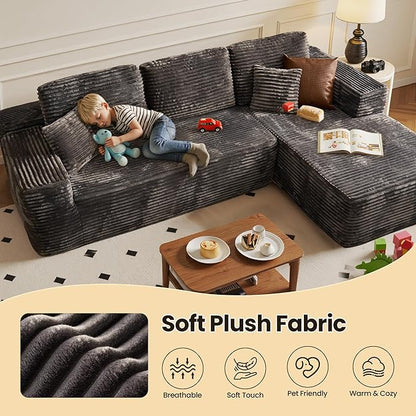 104" Cloud Sectional Couch with Chaise, Boneless L-Shaped Cloud Couch with Deep Seat, Soft Plush Modern Minimalist Sofa, Assembly Free Comfy Sofa for Office Living Room Apartment(Grey, Right Chaise)