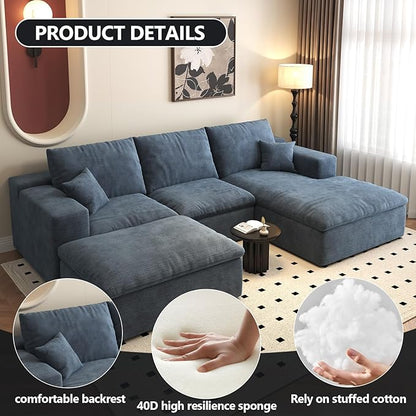 107'' U-Shaped Modern Modular Sectional Cloud Couch Whit Ottoman, 4-Seat Chenille Deep-Seat Sofa with Pillow for Living Room, Bedroom, Apartment, Ocean Blue