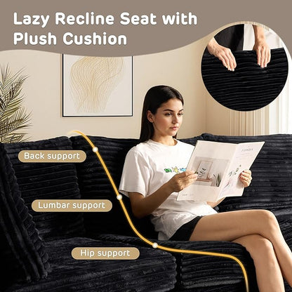 130'' Modern Modular Sectional Sofa with Movable Ottoman,5 Seats Cloud Comfort Corduroy Fluffy Couch,L Shaped Convertible Sofa Couch for Living Room,Black