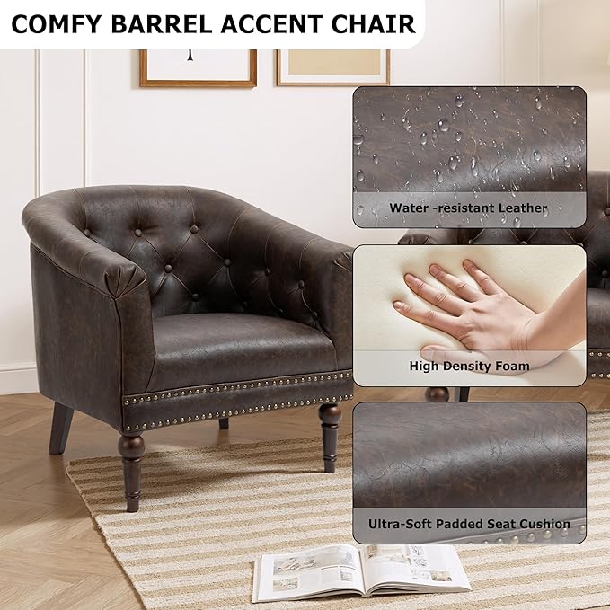 Lumibee Faux Leather Barrel Chairs, Upholstered Accent Chairs Set of 2 for Living Room, Modern Comfy Club Armchairs for Office, Bedroom, Waiting Room-Chocolate