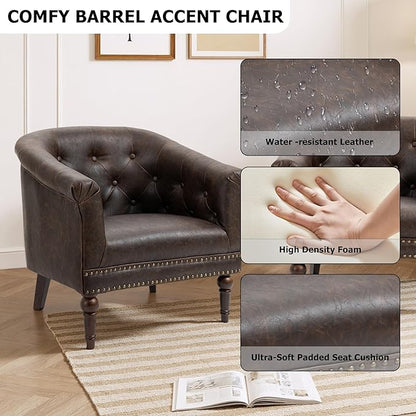 Lumibee Faux Leather Barrel Chairs, Upholstered Accent Chairs Set of 2 for Living Room, Modern Comfy Club Armchairs for Office, Bedroom, Waiting Room-Chocolate