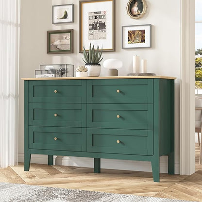 6 Drawers Green Dresser for Bedroom, 47" Wide Wood Modern Chest of Drawers, Shaker Style, Modular Dresser TV Stand for Bedroom, Living Room, Hallway (Green)