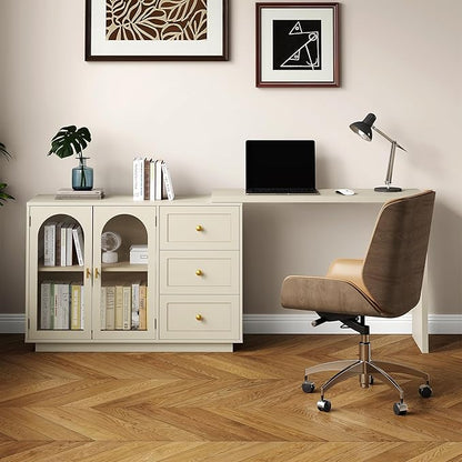 RoyalCraft L Shaped Home Office Desk, Large Extendable and Rotatable Desk with 3 Drawers and 2 Doors, Corner Computer Desk, Modern Study Writing Table for Bedroom, Home Office, Beige
