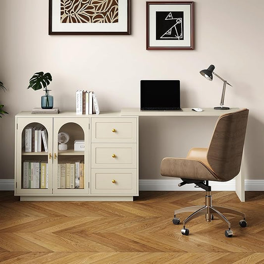 RoyalCraft L Shaped Home Office Desk, Large Extendable and Rotatable Desk with 3 Drawers and 2 Doors, Corner Computer Desk, Modern Study Writing Table for Bedroom, Home Office, Beige