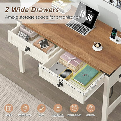 Farmhouse Computer Desk with 2 Drawers, 39 Inch Small Office Computer Desk with Power Outlets, Compact Writing Study Desk for Small Spaces, Antique White