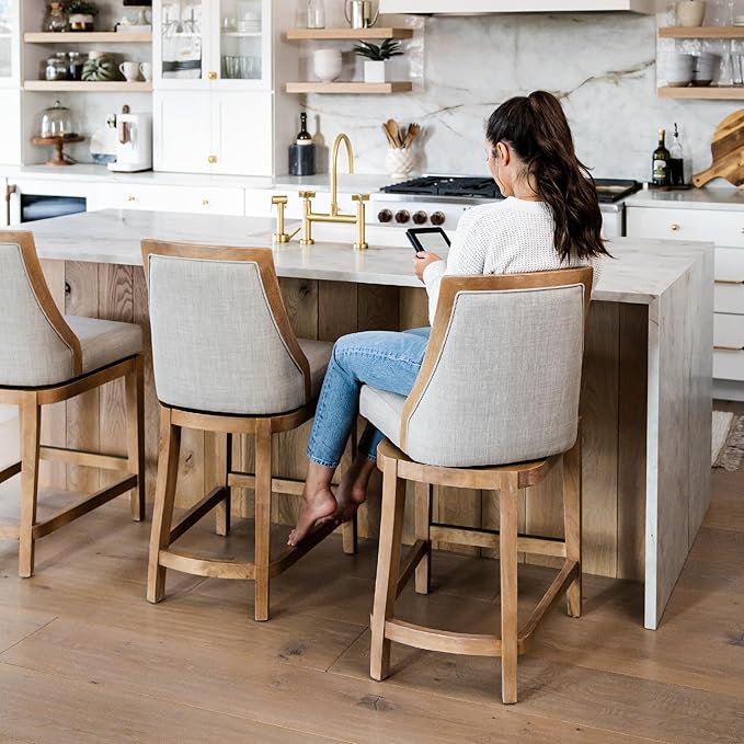 Maven Lane Vienna Counter Stools 26 Inches – Set of 3 – Swivel Stools with Footrests – Brown Solid Wood and Natural Fabric Upholstery – Ideal for Kitchen Islands and Counters