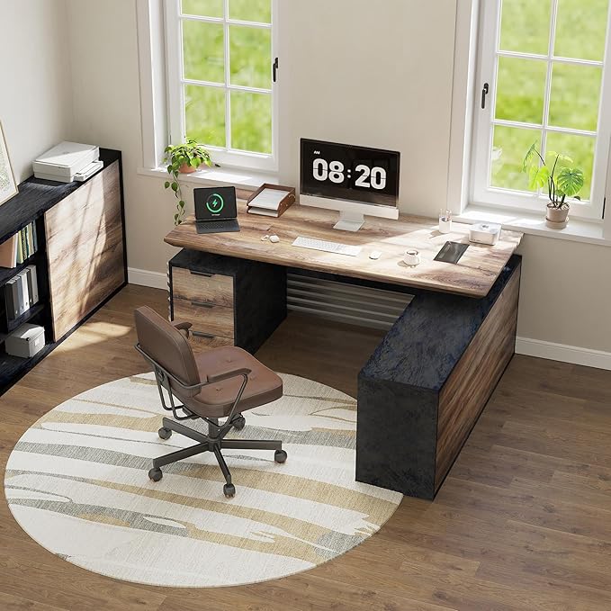 86.61" L Shaped Standing Executive Desk and 63" lateral File Cabinet, Large Adjustable Heigh Office Computer Desk with 3 Drawers,2.3" Desktop,Business Workstation,Black and Warm Oak