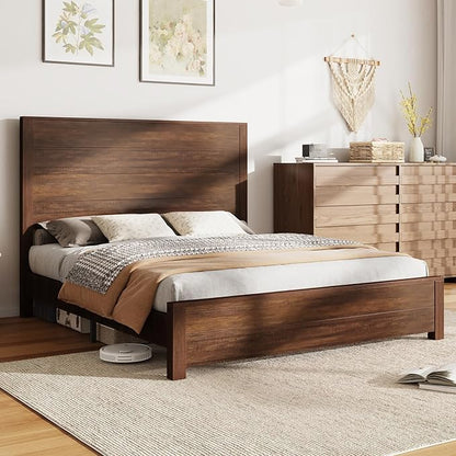 AMERLIFE 51.2" Full Size Wood Bed Frame, Rustic Platform Bed with Spliced Headboard, Wood Slats Support/No Box Spring Needed/Noiseless/Reclaimed Barnwood