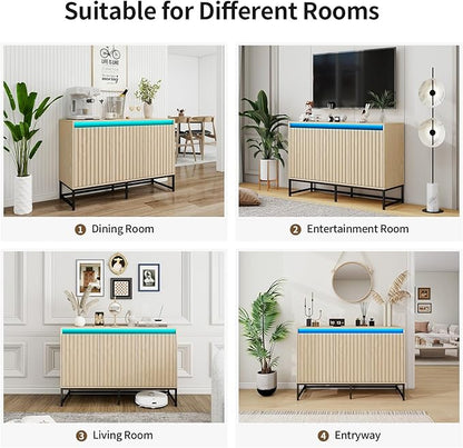 Fluted Sideboard Buffet Cabinet with Storage Wood Storage Cabinet with Doors and Adjustable Shelves LED Light, Modern Credenza for Kitchen, Dining Room, Living Room, Entryway (59" Oak, 1)