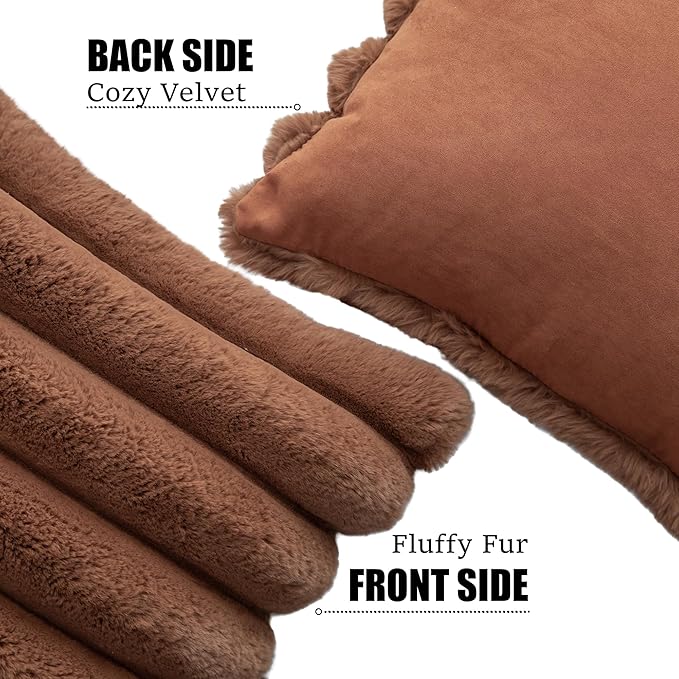 Neelvin Brown Faux Fur Cozy Soft Stripe Decorative Throw Pillow Covers 18x18 inch Set of 2,Velvet Pillowcase Cushion Case for Sofa Couch