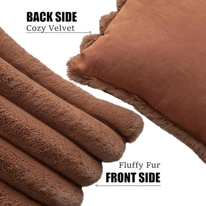 Neelvin Brown Faux Fur Cozy Soft Stripe Decorative Throw Pillow Covers 24x24 inch Set of 2,Velvet Pillowcase Cushion Case for Sofa Couch