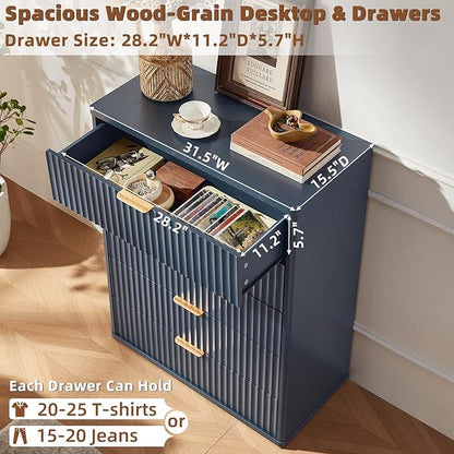LEYAOYAO Fluted 5 Drawers Dresser Set of 2, 41" Tall Modern Chest of Drawers with Metal Handle, Curved Profile Dresser TV Stand, Wooden Drawer Organizer for Bedroom, Living Room, Hallway, Navy Blue