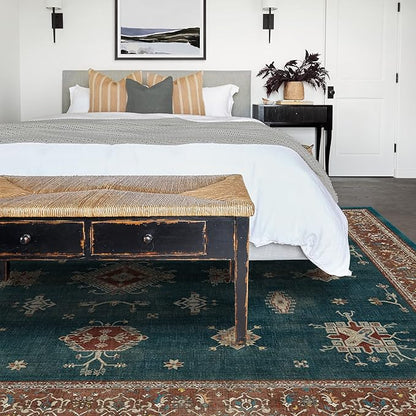 RUGGABLE Washable Vintage Area Rug – Verena Teal Blue 8x10, Stain-Resistant, Non-Slip – Large Machine Washable Rugs for Living Room, Bedroom, Hallway, Entryway & Office–with Standard Pad