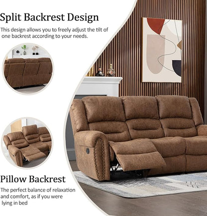 CANMOV Faux Leather Manual Recliner Sofa Set, Manual Recliner Chair, Reclining Loveseat and 3-Seat Sofa for Living Room,Bedroom Furniture, Office,Nut Brown