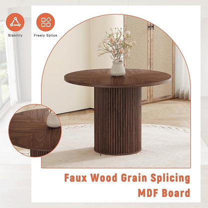 Round Dining Table Set for 6 with Storage, 42" Round Dining Table with 6 Fabric Chairs, 7 Piece Kitchen Table Chairs Set of 6 with Thick Wood Top, Roman Column Pedestal, Space-Saving