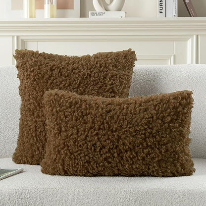 FUTEI Brown Decorative Throw Pillow Covers 22x22 Inch Set of 2,Soft Fluffy Faux Wool Fur Boucle Textured Cushion Case,Modern Home Decor for Couch Bed Living Room Office